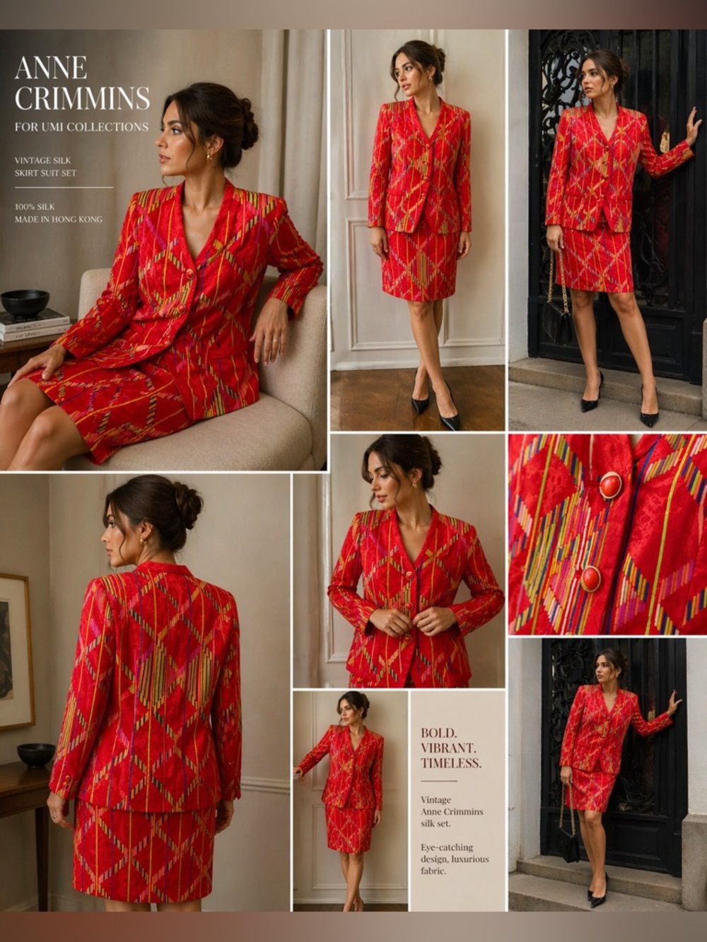 Vintage Silk Skirt Suit Set Red Bold Print Anne Crimmins Size 10